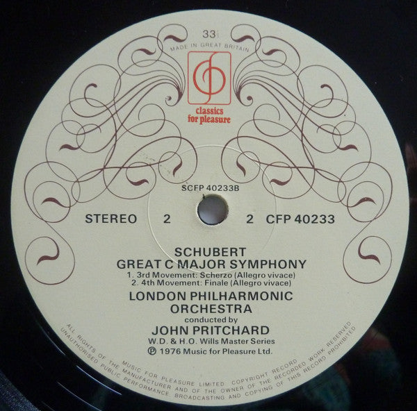 Franz Schubert - London Philharmonic Orchestra Conducted By John Pritchard : 'Great C Major' Symphony (LP)