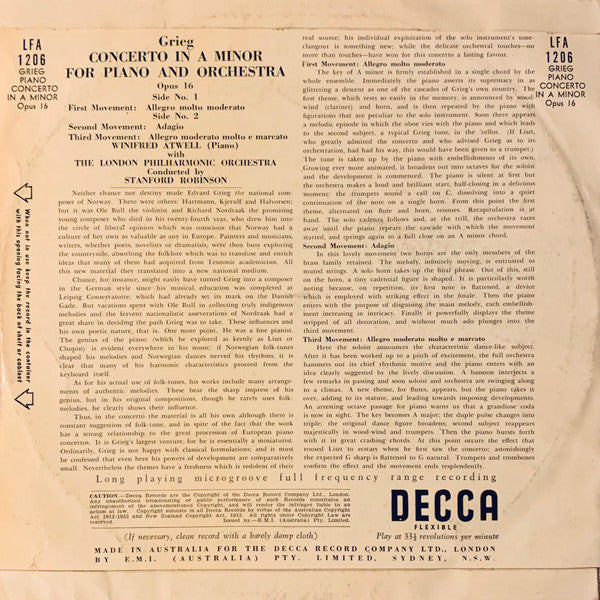 Edvard Grieg, Winifred Atwell With London Philharmonic Orchestra Conducted By Stanford Robinson : Concerto In A Minor For Piano & Orchestra (10", Album, Mono)