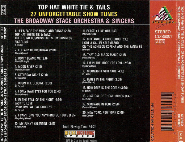 The Broadway Stage Orchestra & Singers : Top Hat White Tie & Tails: 27 Unforgettable Show Tunes (CD, Album)