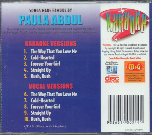 Unknown Artist : Karaoke Songs Made Famous By Paula Abdul (CD, Album)