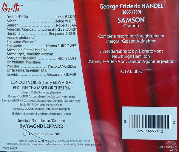Georg Friedrich Händel - Janet Baker, Helen Watts, Robert Tear, John Shirley-Quirk, Benjamin Luxon, Felicity Lott, Norma Burrowes, Philip Langridge, Alexander Oliver, London Voices / Terry Edwards (2), English Chamber Orchestra, Raymond Leppard : Samson (3xCD, Album, RE)