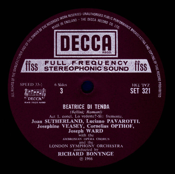 Bellini* / Sutherland*, Veasey*, Pavarotti*, Opthof* / London Symphony*, Bonynge* : Beatrice Di Tenda (3xLP, Album, RP + Box)