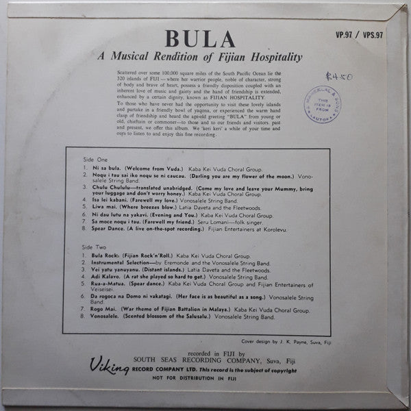 Various : Bula Fiji - A Musical Rendition Of Fijian Hospitality (LP, Album, RE)
