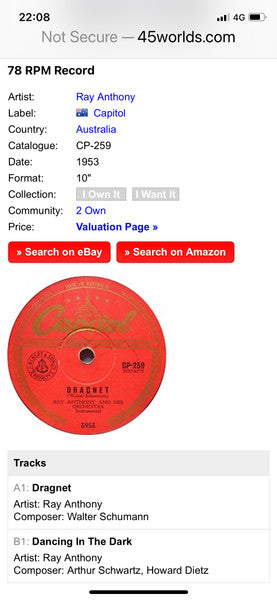 Ray Anthony & His Orchestra : Dragnet / Dancing In The Dark (Shellac, 10")