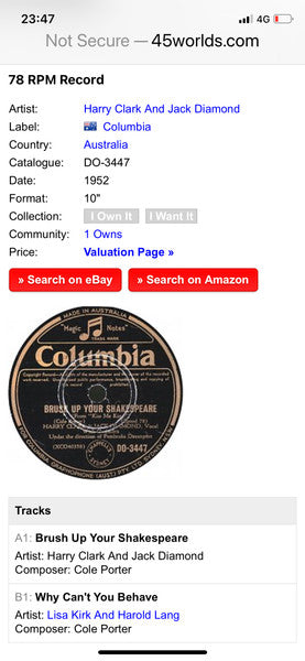 Harry Clark (2) & Jack Diamond (10) / Lisa Kirk & Harold Lang : Brush Up Your Shakespeare / Why Can't You Behave (Shellac, 10")