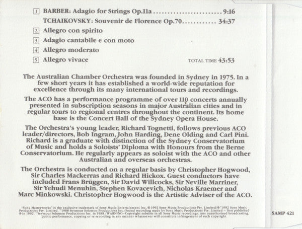 Australian Chamber Orchestra, Samuel Barber, Pyotr Ilyich Tchaikovsky : Adagio For Strings / Souvenir de Florence Op.70 (CD, MiniAlbum)