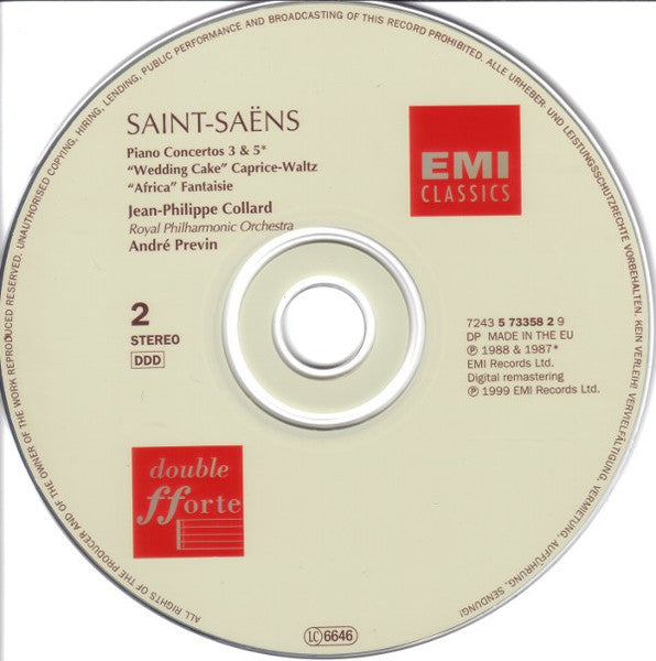 Camille Saint-Saëns - Jean-Philippe Collard, Royal Philharmonic Orchestra, André Previn : Piano Concertos 1-5; "Wedding Cake" - Caprice-Valse; "Africa" Fantaisie (2xCD, Comp, RM)