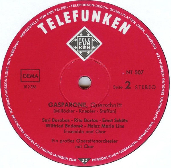 Sari Barabas • Erika Köth • Reinhold Bartel • Kurt Böhme • Heinz Maria Lins : Der Zigeunerbaron / Gasparone (LP, RE)