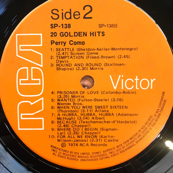 Perry Como : 20 Golden Hits (LP, Comp)