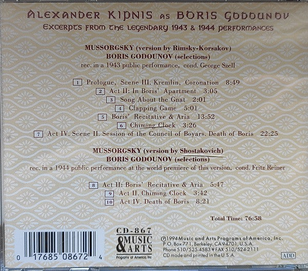 Modest Mussorgsky, Nikolai Rimsky-Korsakov, Alexander Kipnis, George Szell : Alexander Kipnis As Boris Godunov (CD, Album)