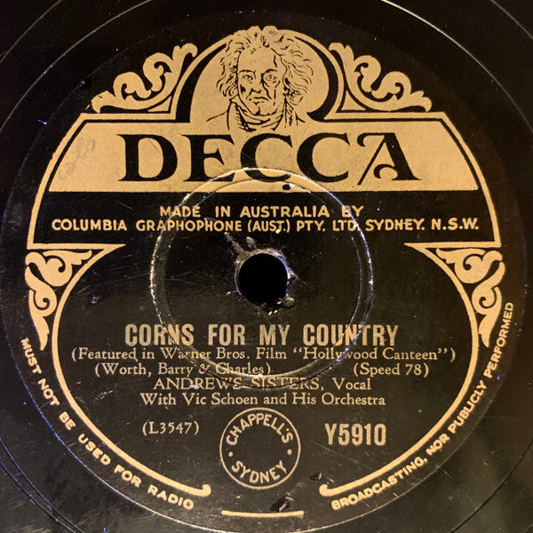 Andrews Sisters* With Vic Schoen And His Orchestra : Sing A Tropical Song / Corns For My Country (Shellac, 10")