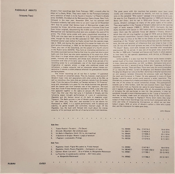 Pasquale Amato : Volume Two - The 1911-1916 Victors (LP, Comp)