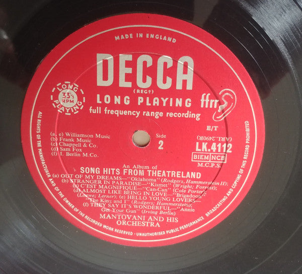 Mantovani And His Orchestra : Song Hits From Theatreland (LP, Mono)