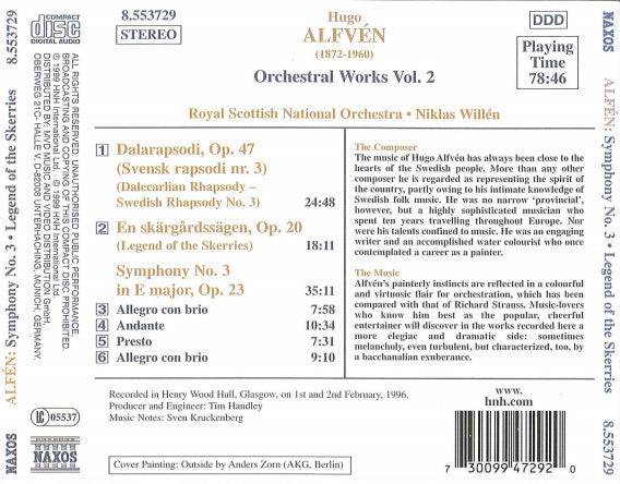 Hugo Alfvén, Royal Scottish National Orchestra, Niklas Willén : Symphony No. 3 • Legend Of The Skerries • Dalecarlian Rhapsody (CD, Album)