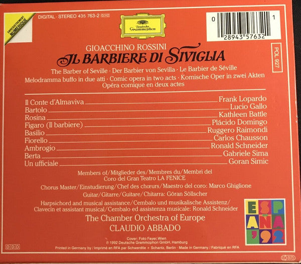 Gioacchino Rossini - Kathleen Battle, Plácido Domingo*, Frank Lopardo, Lucio Gallo, Ruggero Raimondi, The Chamber Orchestra Of Europe, Claudio Abbado : Il Barbiere Di Siviglia (2xCD, Album, RE + Box, Sli)