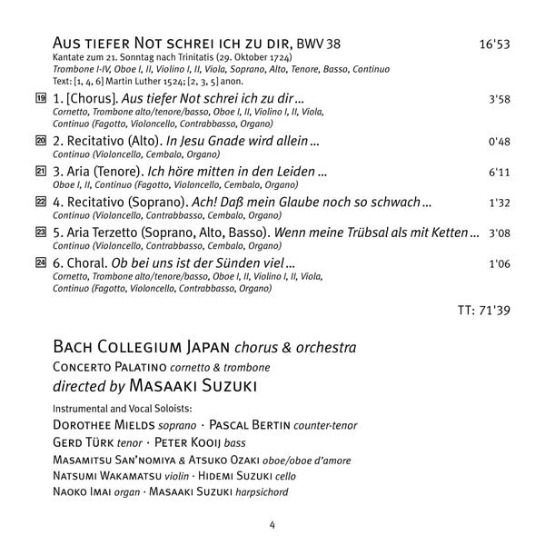 Johann Sebastian Bach, Bach Collegium Japan, Masaaki Suzuki : Cantatas 29 ►2 ►3►38►135 Aus Tiefer Not Schrei Ich Zu Dir (SACD, Hybrid, Multichannel, Album)