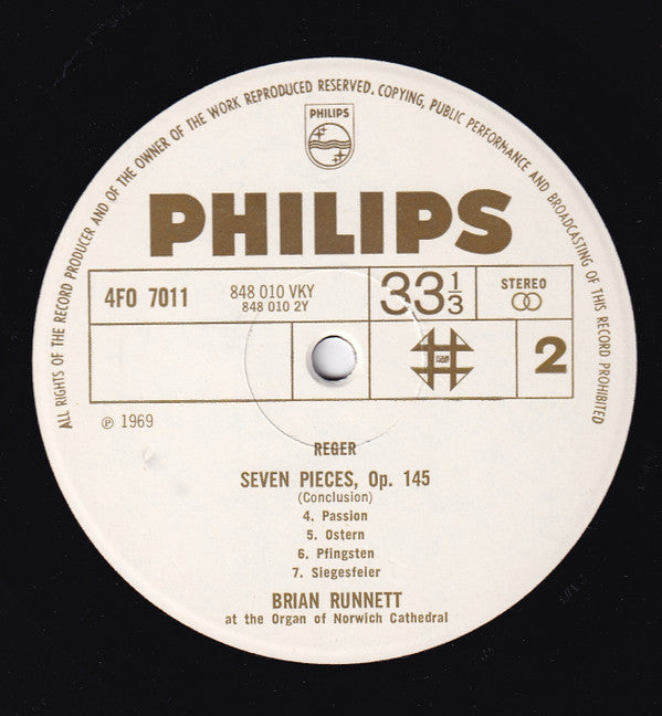 Max Reger, Brian Runnett : Seven Pieces Op.145 Brian Runnett at the Organ Norwich Cathedral (LP)