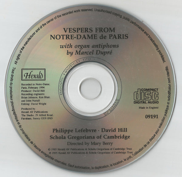 Marcel Dupré / Philippe Lefebvre, David Hill, Dr. Mary Berry*, Schola Gregoriana* : Vespers From Notre-Dame De Paris With Organ Antiphons By Marcel Dupré (CD, Album)