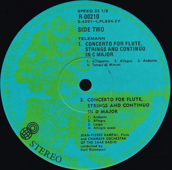 Johann Sebastian Bach, Georg-Philipp Telemann*, Jean-Pierre Rampal (Flute) The Saar Chamber Orchestra* Conducted By Karl Ristenpart : Four Concertos For Flute And Orchestra (LP, Album, Club, RE)
