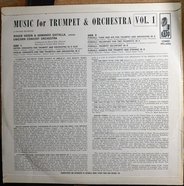 Henry Purcell, Antonio Vivaldi, Joseph Haydn, Roger Voisin : Music For Trumpet And Orchestra Vol. 1 (LP, RE)