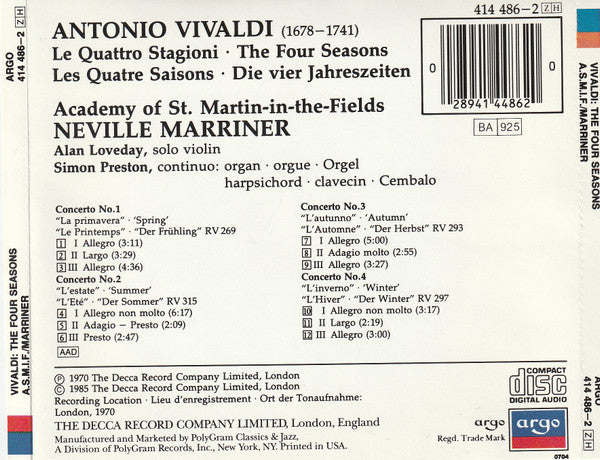 Vivaldi*, Academy Of St. Martin~in~the~Fields*, Neville Marriner* : The Four Seasons • Les Quatre Saisons • Die Vier Jahreszeiten (CD, Album, RE)