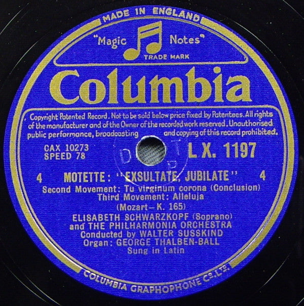 Elisabeth Schwarzkopf, Philharmonia Orchestra, Walter Susskind, George Thalben-Ball : Motette: Exsultate Jubilate (2xShellac, 12", Album)