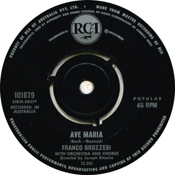 Franco Brozzesi With Orchestra And Chorus* , Directed By Joseph Khasho : The Lord's Prayer / Ave Maria (7", Single)