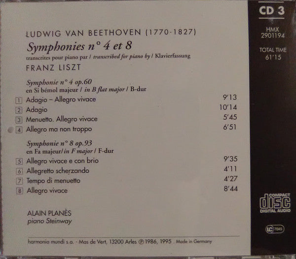 Beethoven* / Liszt* – Alain Planès : Symphonies N° 4 & N° 8 (CD, Album, RE)