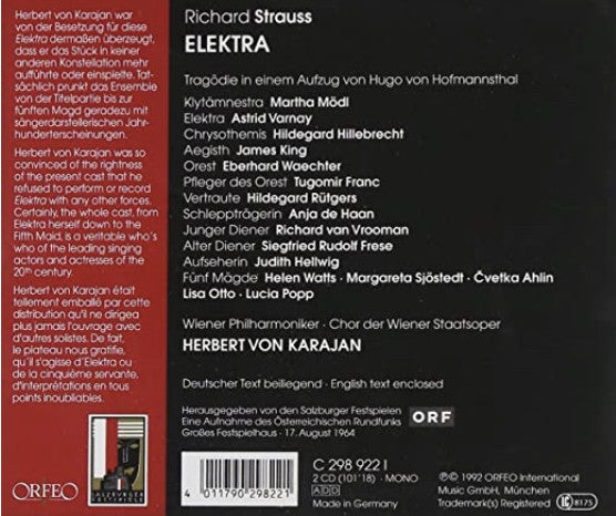 Richard Strauss, Astrid Varnay, Hildegard Hillebrecht, Martha Mödl, Eberhard Wächter, Wiener Philharmoniker, Herbert von Karajan : Elektra (2xCD, Mono)