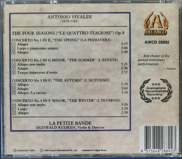 Antonio Vivaldi - La Petite Bande, Sigiswald Kuijken : The Four Seasons (CD, Album, RE)