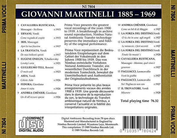 Giovanni Martinelli : Martinelli (CD, Comp, Mono, Amb, RM)