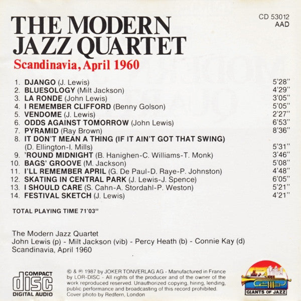 The Modern Jazz Quartet : Scandinavia, April 1960 (CD, Album)