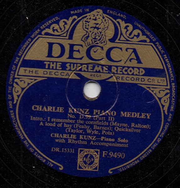 Charlie Kunz : Charlie Kunz Piano Medley No. D.99 (Shellac, 10")
