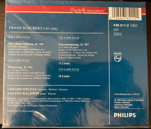 Schubert* - Gérard Souzay, Dalton Baldwin : Die Schöne Müllerin; Winterreise; Schwanengesang; 29 Lieder (4xCD, RM + Box, Comp, Sli)