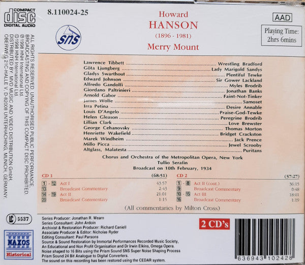 Howard Hanson, Lawrence Tibbett, Göta Ljungberg, Gladys Swarthout, Edward Johnson, Chorus* And Orchestra Of The Metropolitan Opera*, Tullio Serafin : Merry Mount (World Premiere) (2xCD, Mono)