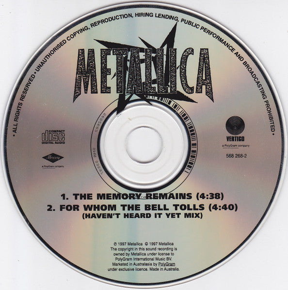 Metallica : The Memory Remains (CD, Single, Car)