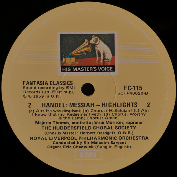 Handel* - Elsie Morison, Marjorie Thomas, Richard Lewis (3), Huddersfield Choral Society, Royal Liverpool Philharmonic Orchestra, Sir Malcolm Sargent : Messiah Highlights (LP)