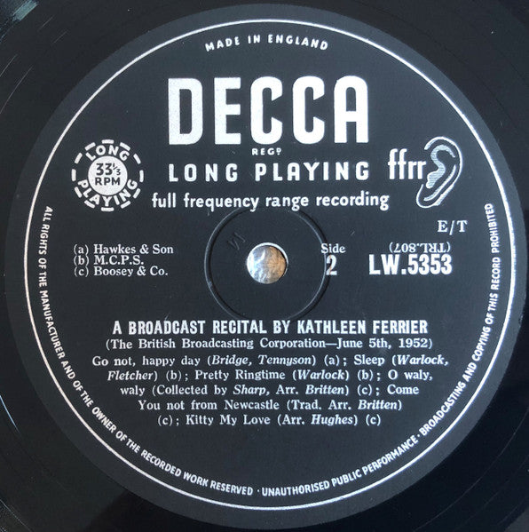 Kathleen Ferrier : A Broadcast Recital (10")
