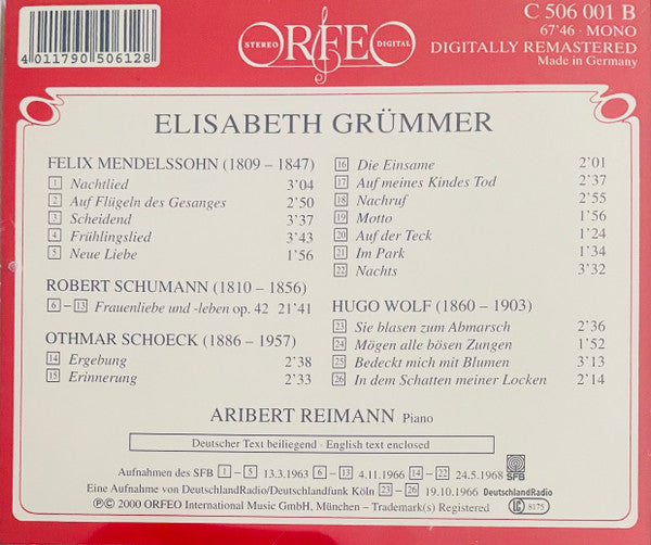 Elisabeth Grümmer, Aribert Reimann : Mendelssohn, Schumann, Schoeck, Wolf (CD, Album, Comp, Mono)