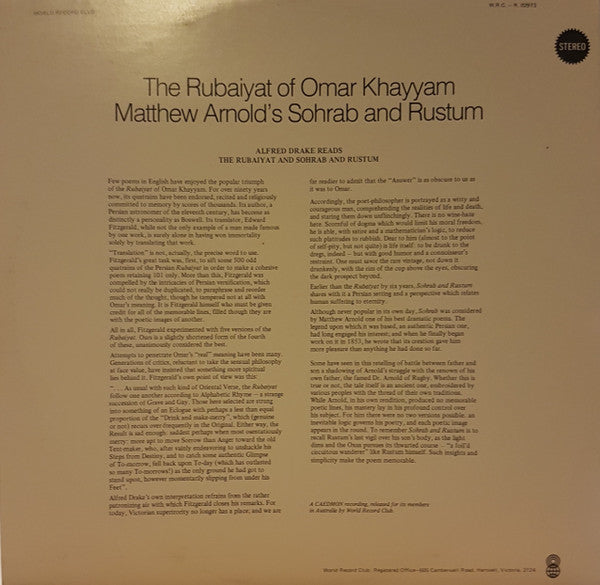 Alfred Drake Reads Omar Khayyam And Matthew Arnold : The Rubaiyat And Sohrab And Rustum (LP, Album, Club)