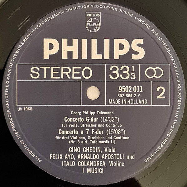 Georg Philipp Telemann – Severino Gazzelloni - Cino Ghedin - Félix Ayo, I Musici : Suite A-Moll = Suite In A Minor / Concerti In G & F (LP)