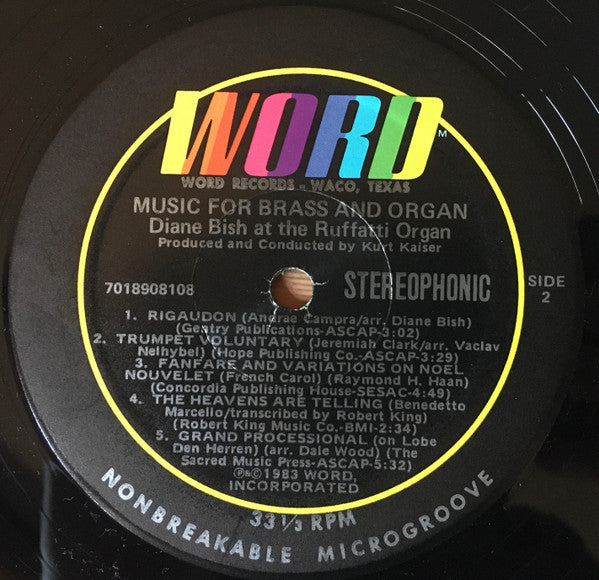 Diane Bish : Music For Brass And Organ: Diane Bish At The Ruffati Organ (LP, Album)