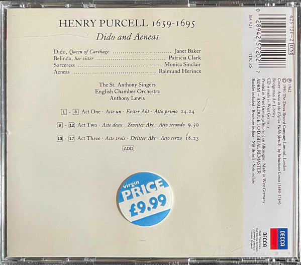 Henry Purcell, Janet Baker, Patricia Clark, Monica Sinclair, Raimund Herincx, English Chamber Orchestra, Anthony Lewis (2) : Dido And Aeneas (CD, RM)