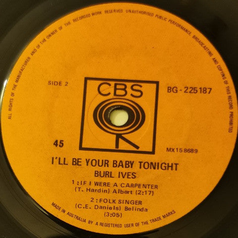 Burl Ives : I'll Be Your Baby Tonight (7", EP, Mono)