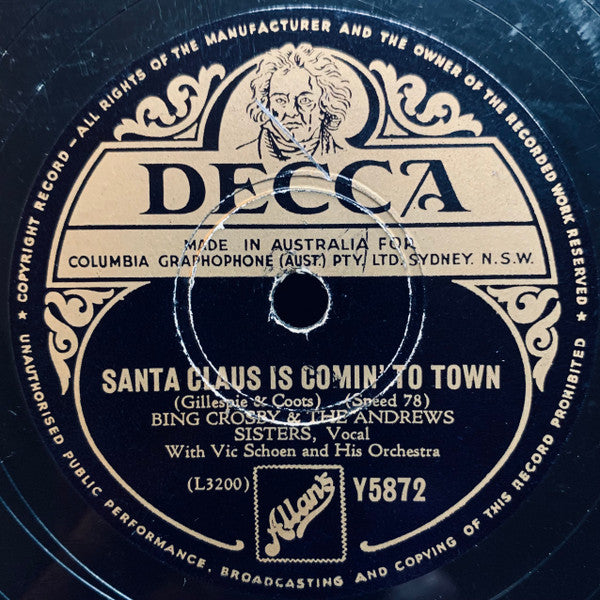 Bing Crosby & The Andrews Sisters With Vic Schoen And His Orchestra : Jingle Bells / Santa Claus Is Comin' To Town (Shellac, 10", RP)