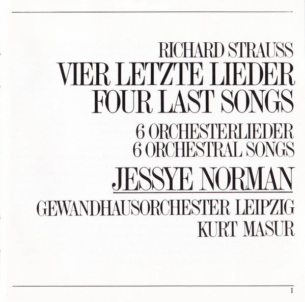 Richard Strauss, Jessye Norman, Gewandhausorchester Leipzig, Kurt Masur : Vier Letzte Lieder / 6 Orchesterlieder (CD, RE)