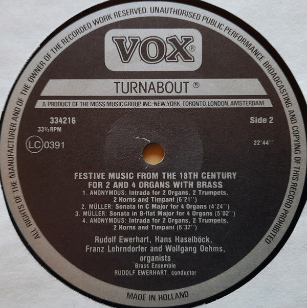 Rudolf Ewerhart, Franz Lehrndorfer, Hans Haselböck, Wolfgang Oehms : Festive Music From The 18th Century For 2 And 4 Organs With Brass (LP, Album, RE)