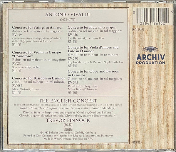 Antonio Vivaldi, The English Concert, Trevor Pinnock, Simon Standage, Lisa Beznosiuk, David Reichenberg, Milan Turkovic, Roy Goodman, Nigel North : Concerti »L'Amoroso« (CD)