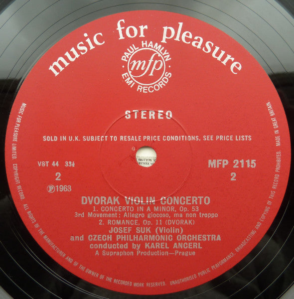 Josef Suk Plays Antonin Dvorak* : Violin Concerto And Romance For Violin (LP)