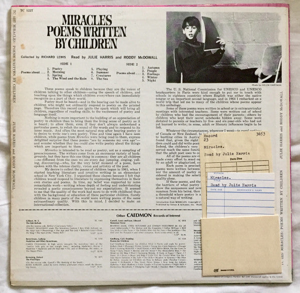 Richard Lewis (12), Julie Harris (3), Roddy McDowall : Miracles: Poems Written By Children (LP, Mono)